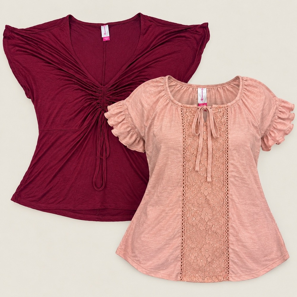 No Boundaries Women Plus Size Top Bundle Set Pink Lace & Burgundy Cinched XL 3XL